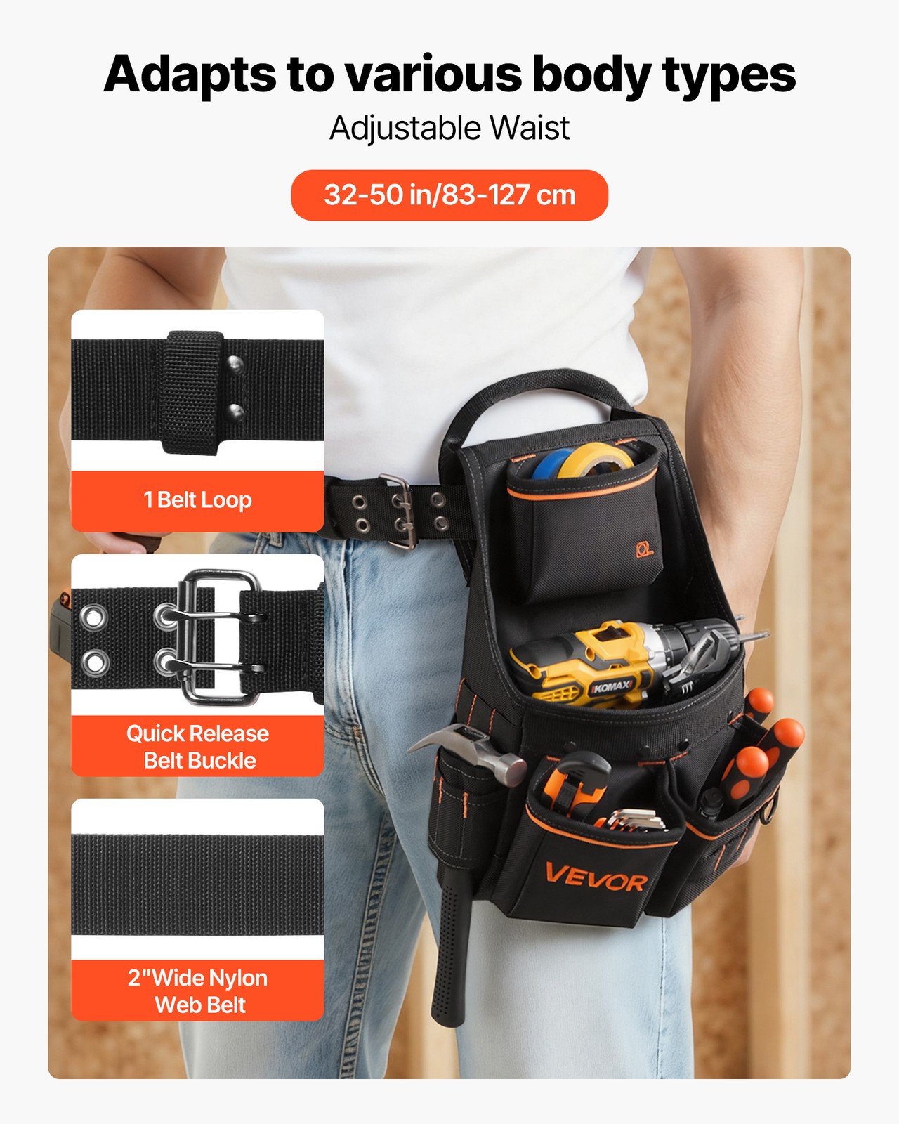 VEVOR Tool Pouch with Belt Electricians Work Belt 14 Pocket Tool Pouch Organizer