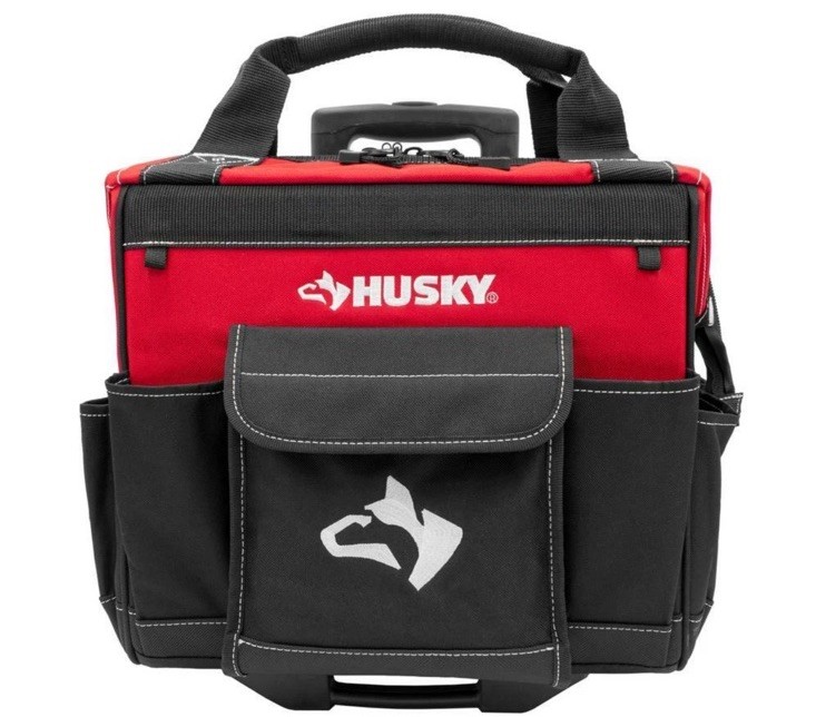 14 in. Zipper Top Rolling Water Resistant Tool Tote Bag in Red with 13 total