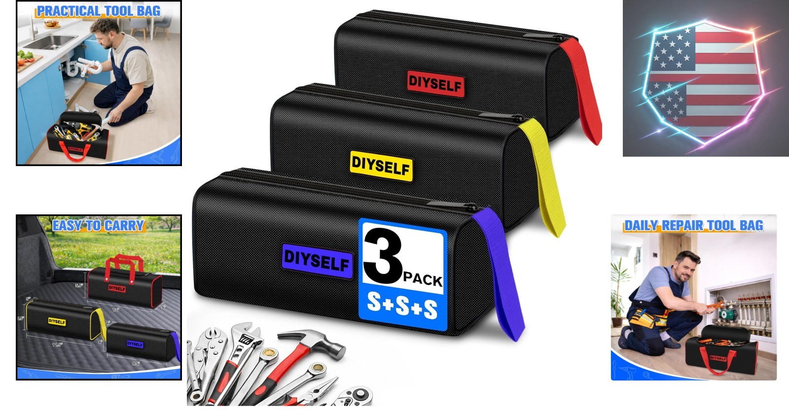 3 Pack Small Tool Bag, 9.5″ Portable Tool Bags for Men, Heavy Duty Storage To…