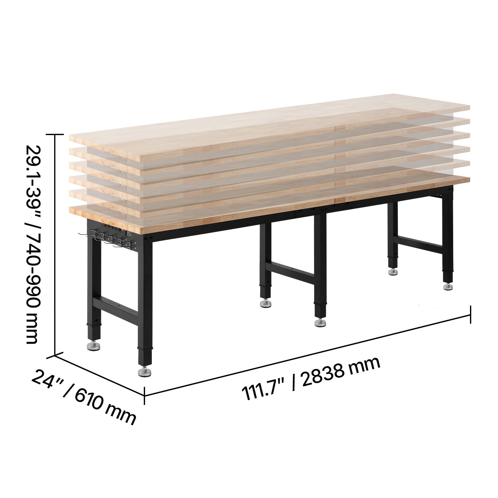 Adjustable Workbench, 5000 lbs Capacity, 96 x 24 Inch Oak Wood Top Workstation