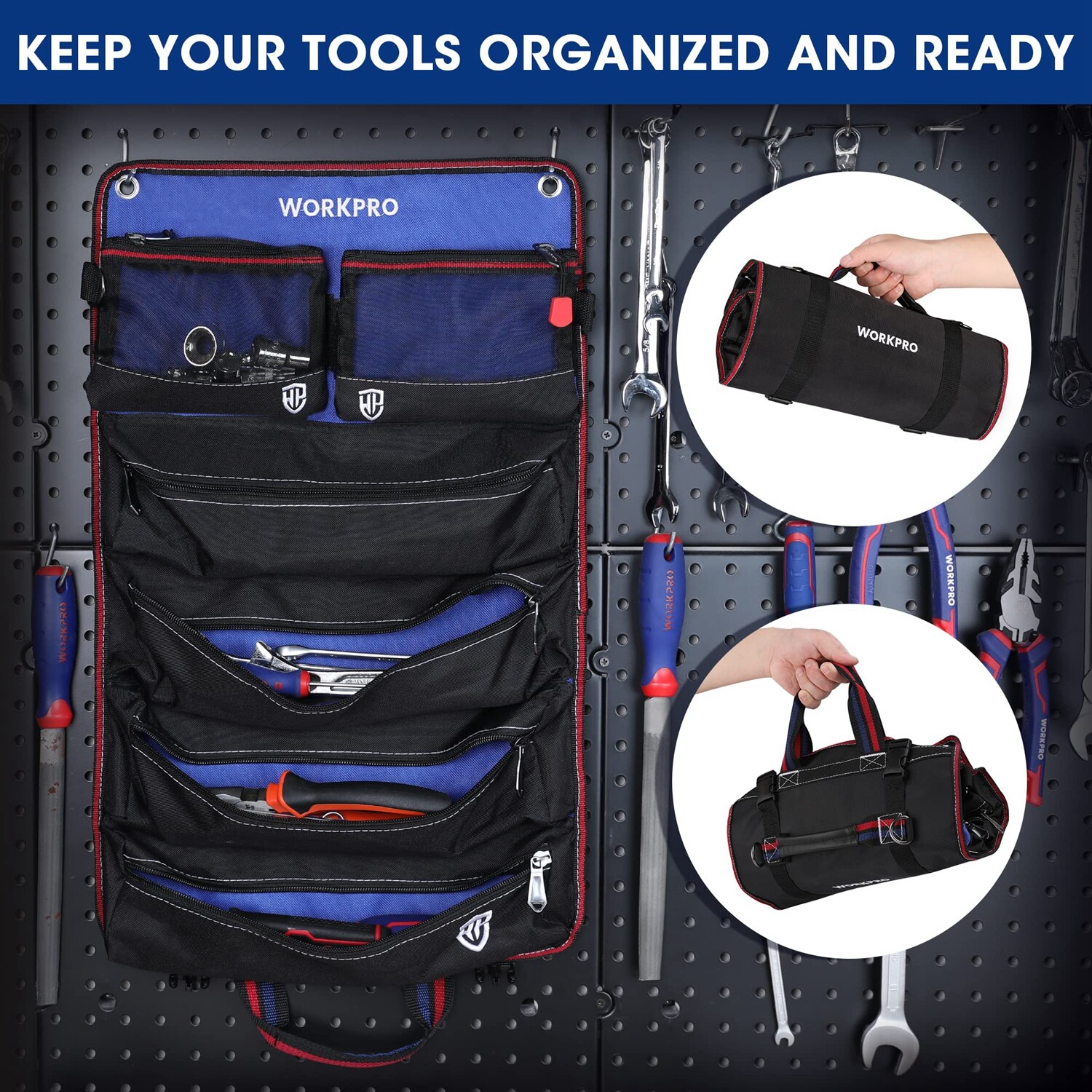 WORKPRO Heavy Duty Roll Up Tool Bag Tool Pouches Tool Bag Organizer W/ 6 Pockets