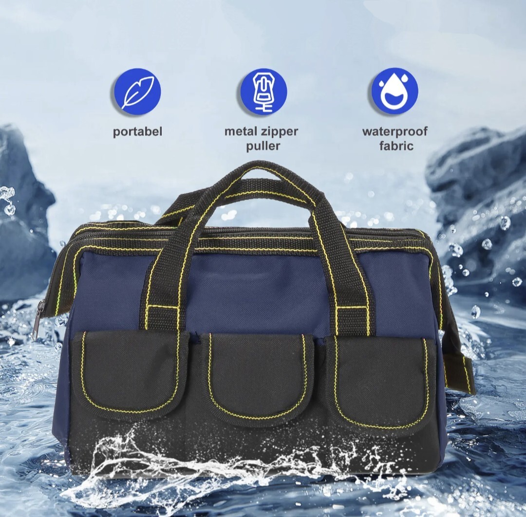 16in Water Resistant Tool Bag, Wide Mouth, Side Pockets.