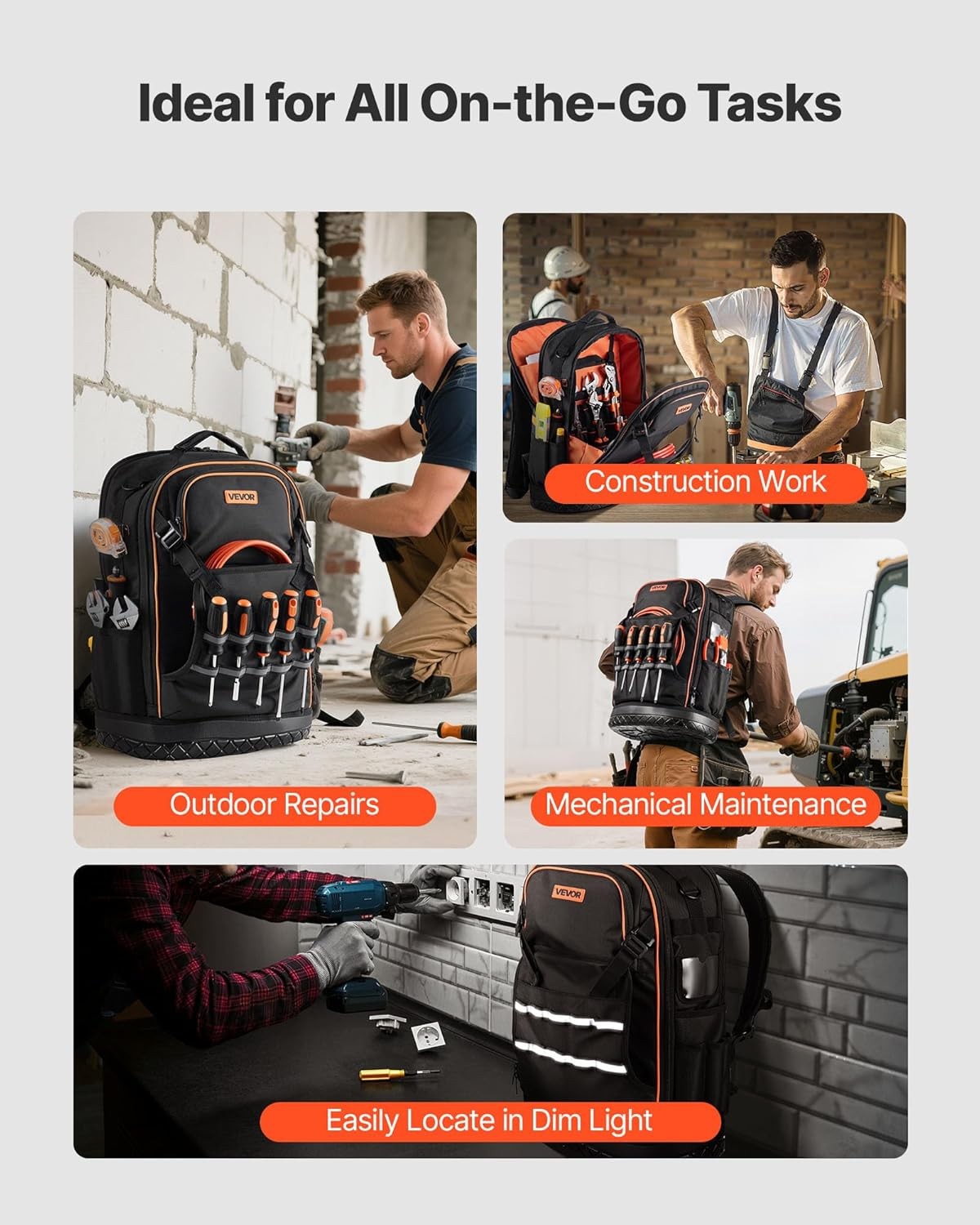 VEVOR Tool Backpack, 65 Pockets, Heavy-duty Tools Storage Organizer Work Bags
