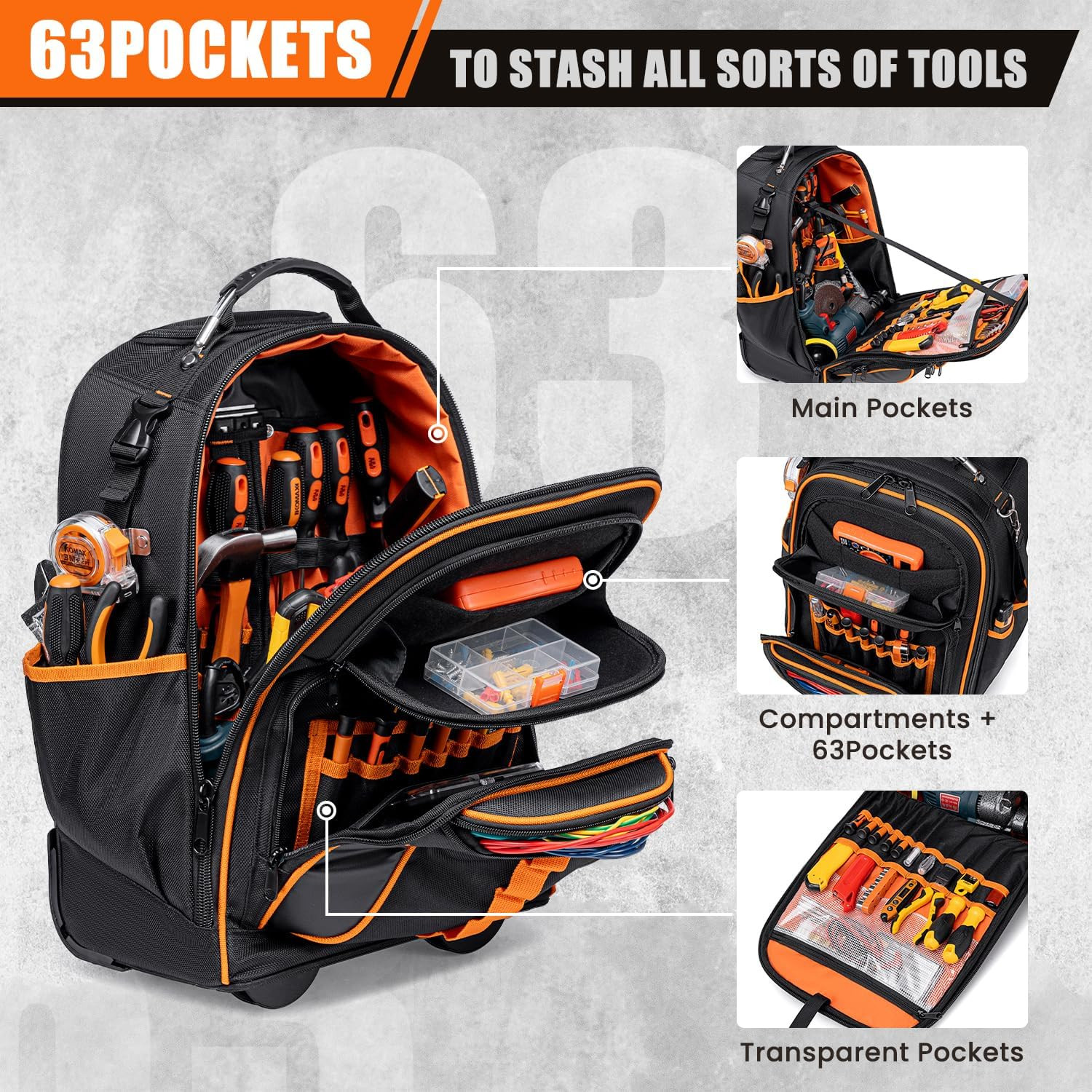 Ultimate 2-in-1 Rolling Tool Backpack with 63 Pockets for Pros