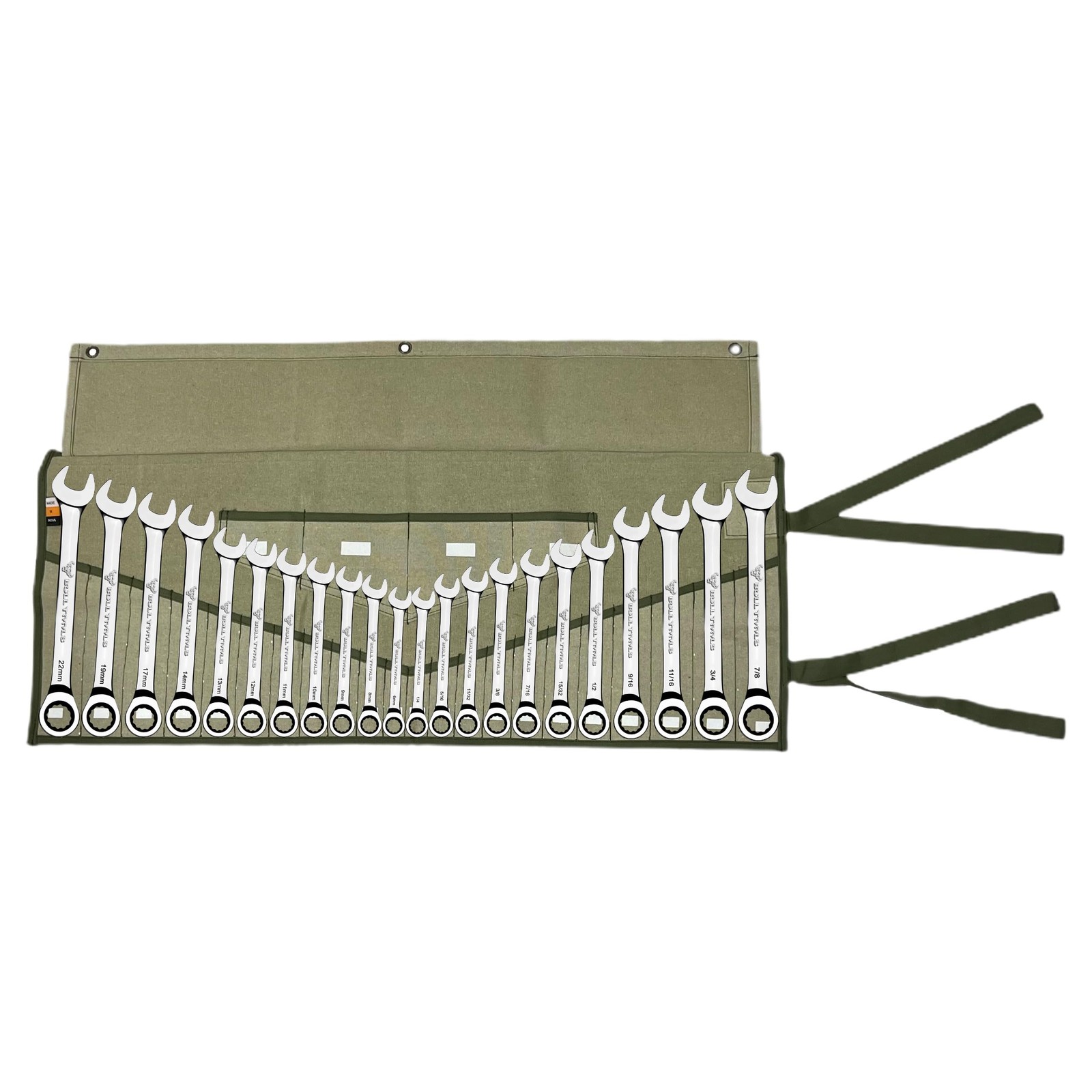 BULL TOOLS Wrench Roll, 26 Pocket Tool 26 Pocket, Sand Washed Olive Drab