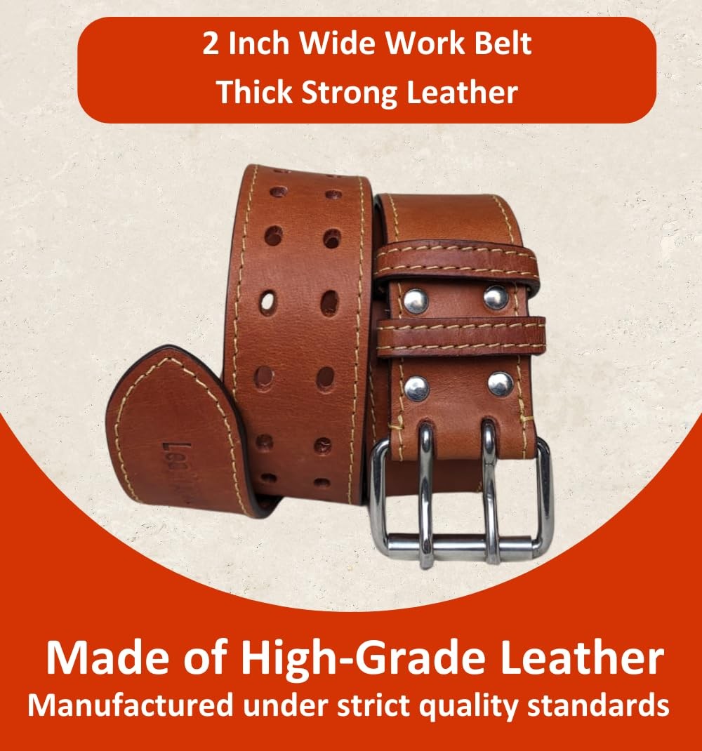 2″ Wide Leather Tool Belt Men Adjustable OilTanned Heavy Duty Utility