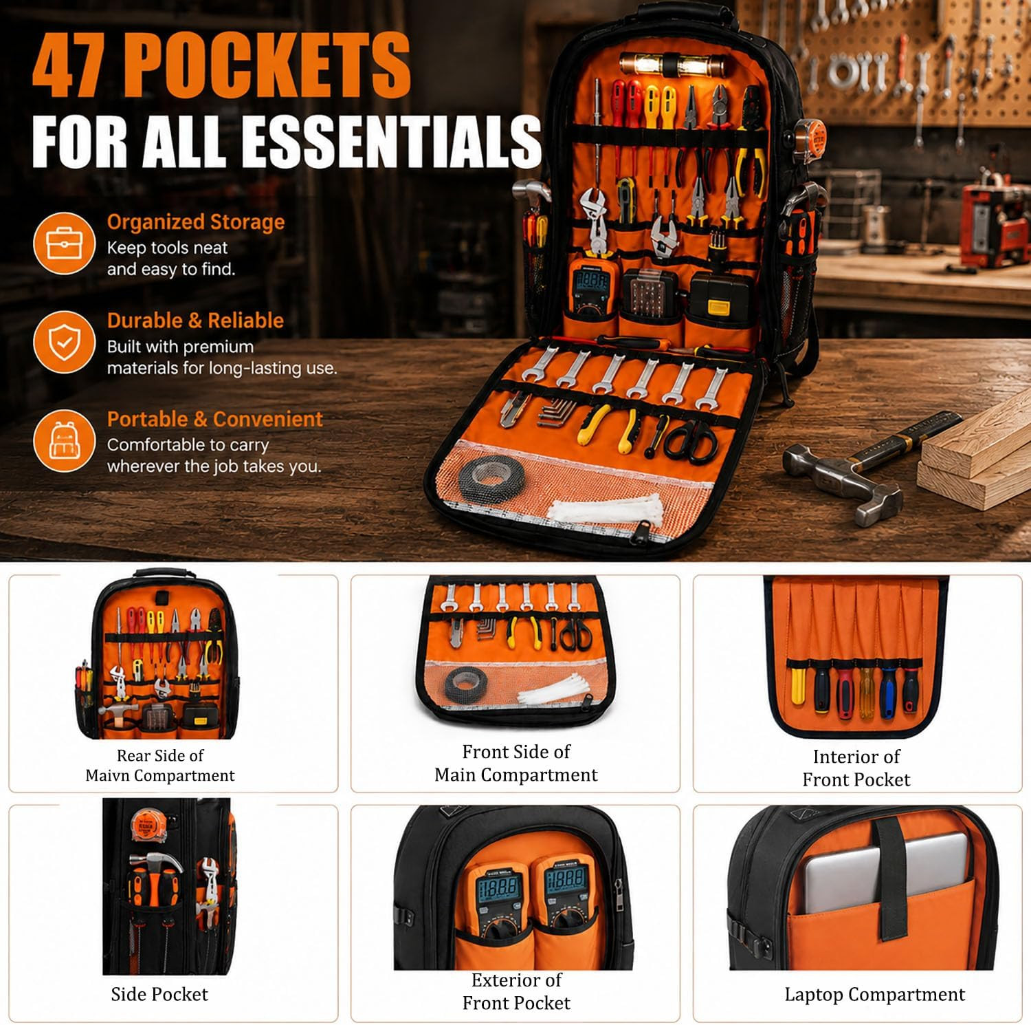 Heavy Duty Tool Backpack with Laptop Sleeve for Electricians & Techs