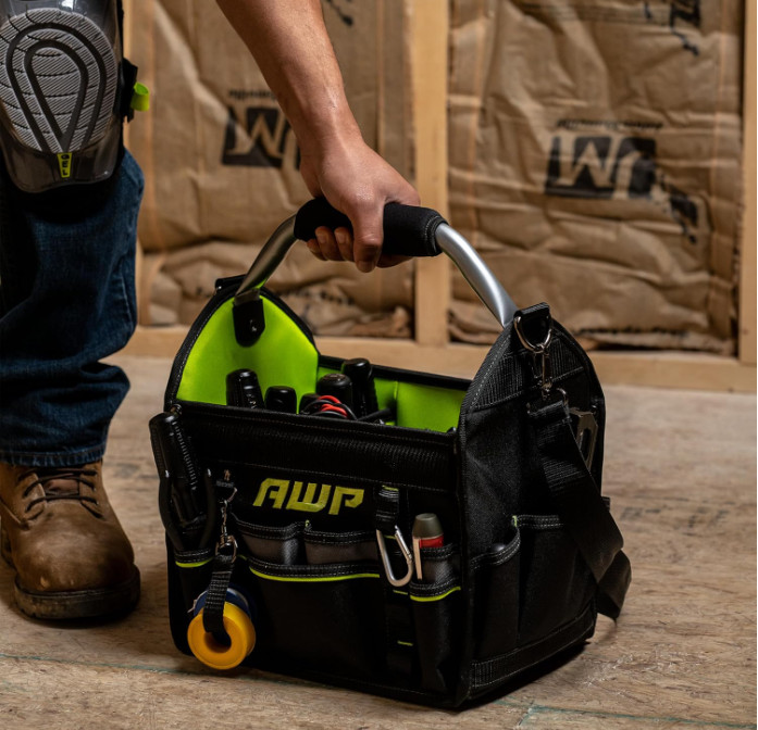 AWP 12″ Pro Tool Tote, Rotating Handle, Water-Resistant, Black/Green