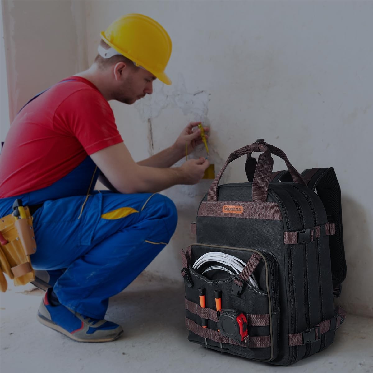 90-Pockets Electrician Backpack, Wax-Canvas Tool Backpacks Heavy Duty, Convenien
