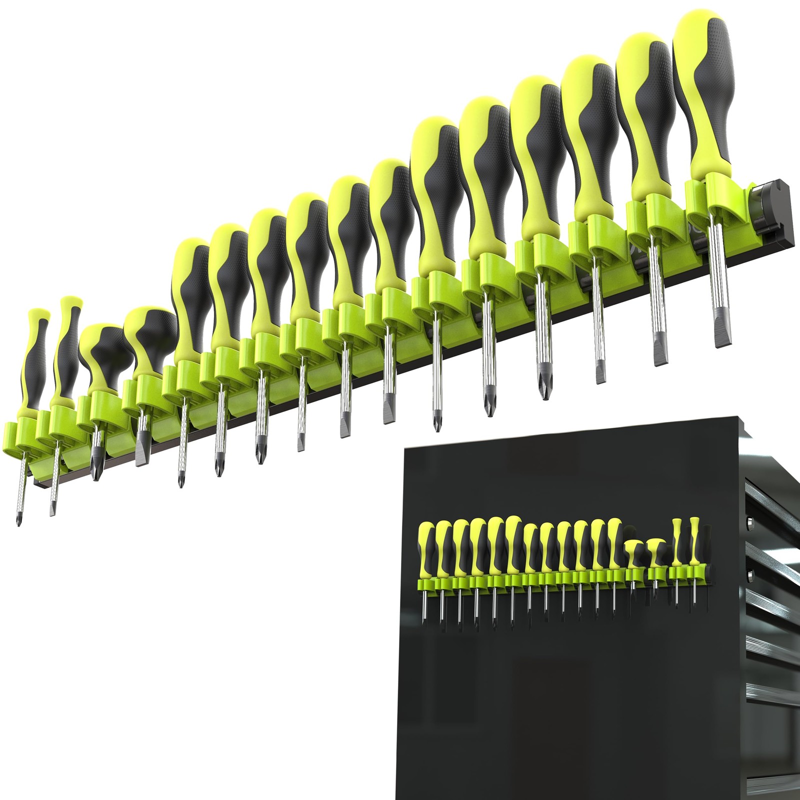 Olsa Tools Magnetic Screwdriver Organizer 1pc, BLACK ORGANIZER / GREEN CLIPS