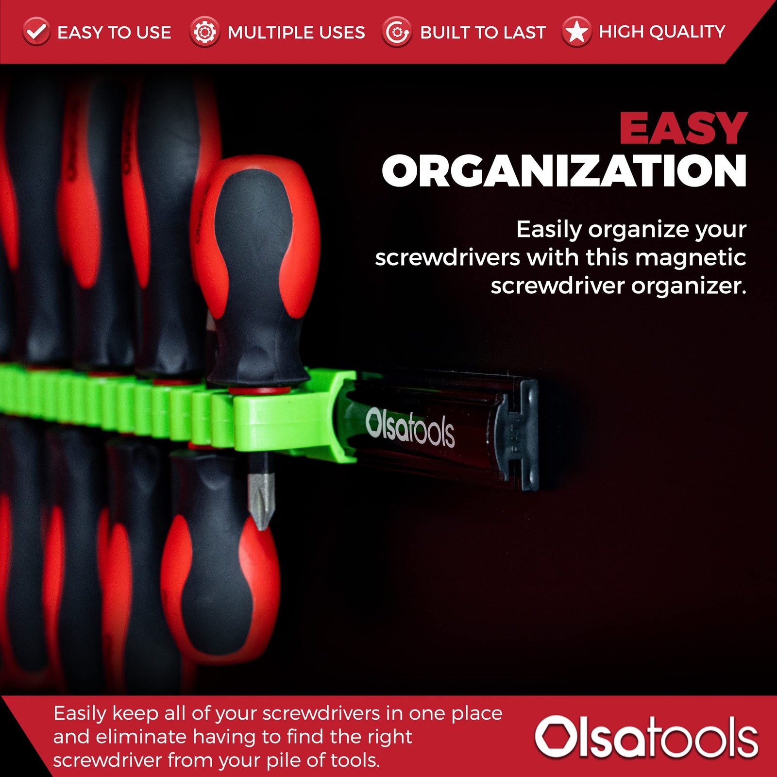 Olsa Tools Magnetic Screwdriver Organizer 1pc, BLACK ORGANIZER / GREEN CLIPS