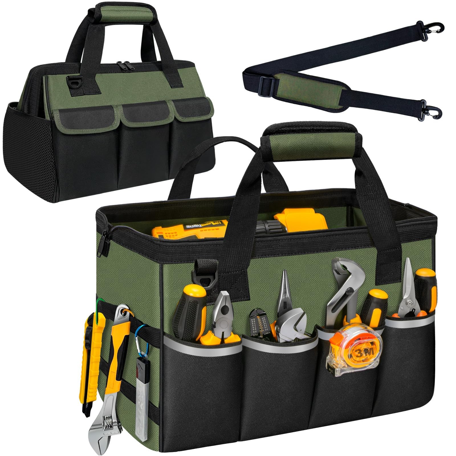 Portable Tool Bag Heavy Duty Tool Box Organizer with Shoulder Strap, Green