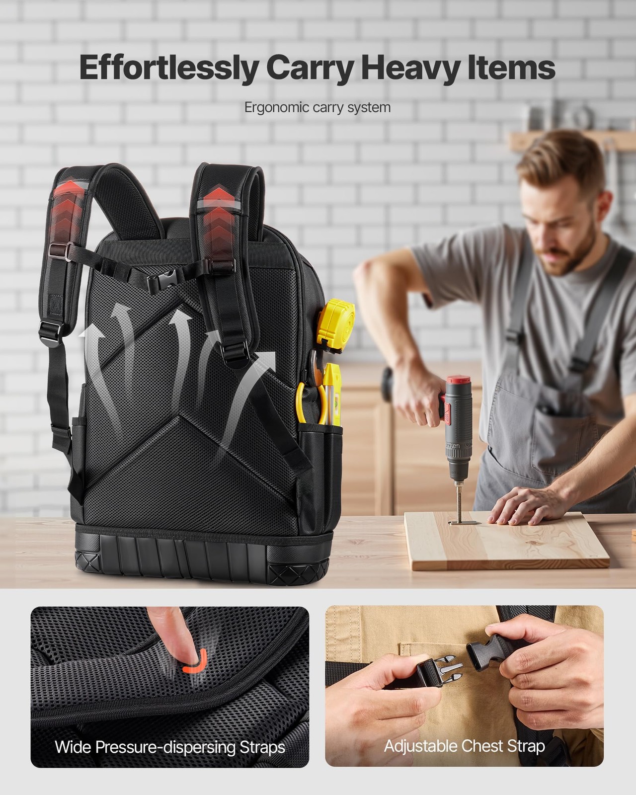 VEVOR Tool Backpack with Tools, 65 Pockets, Heavy-duty 65 Black
