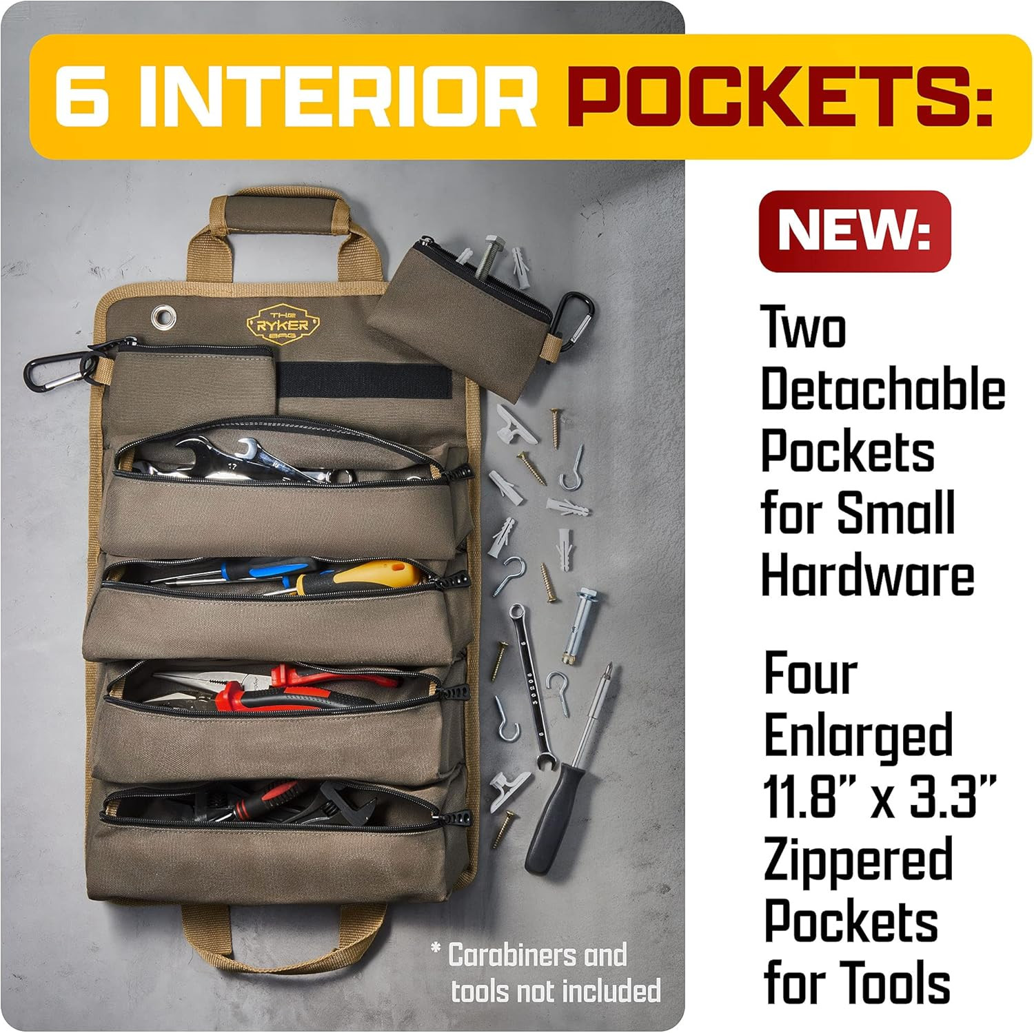 Heavy Duty Roll Up Tool Bag, Mechanic Tool Organizer With 2 Detachable Pouches