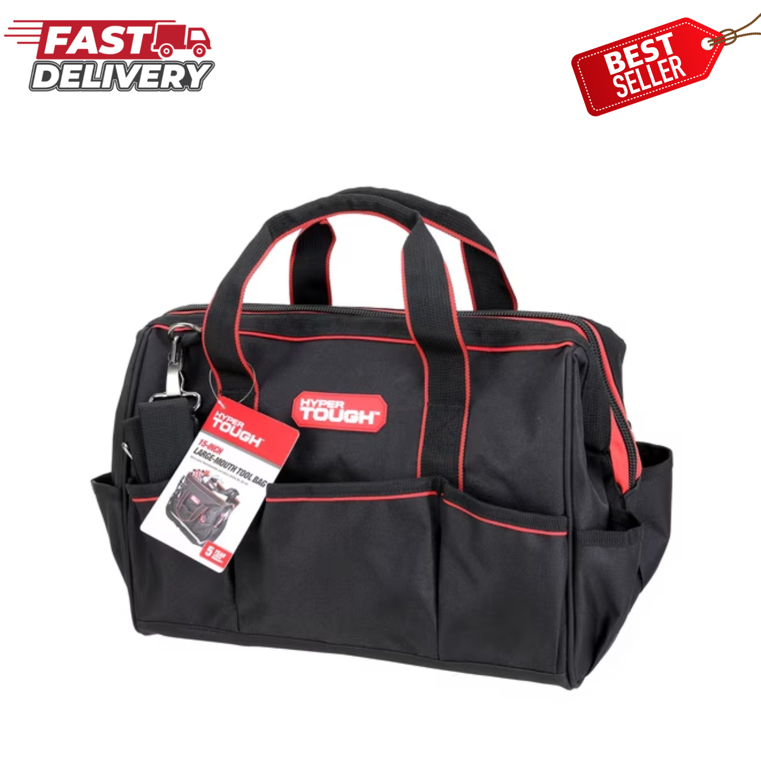 Hyper Tough 15″ Large Mouth Tool Bag Heavy Duty Wide Open Storage Organizer