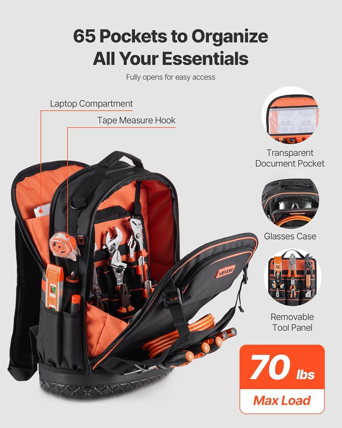 VEVOR Tool Backpack, 65 Pockets, Heavy-duty Tools Storage Organizer Work Bags