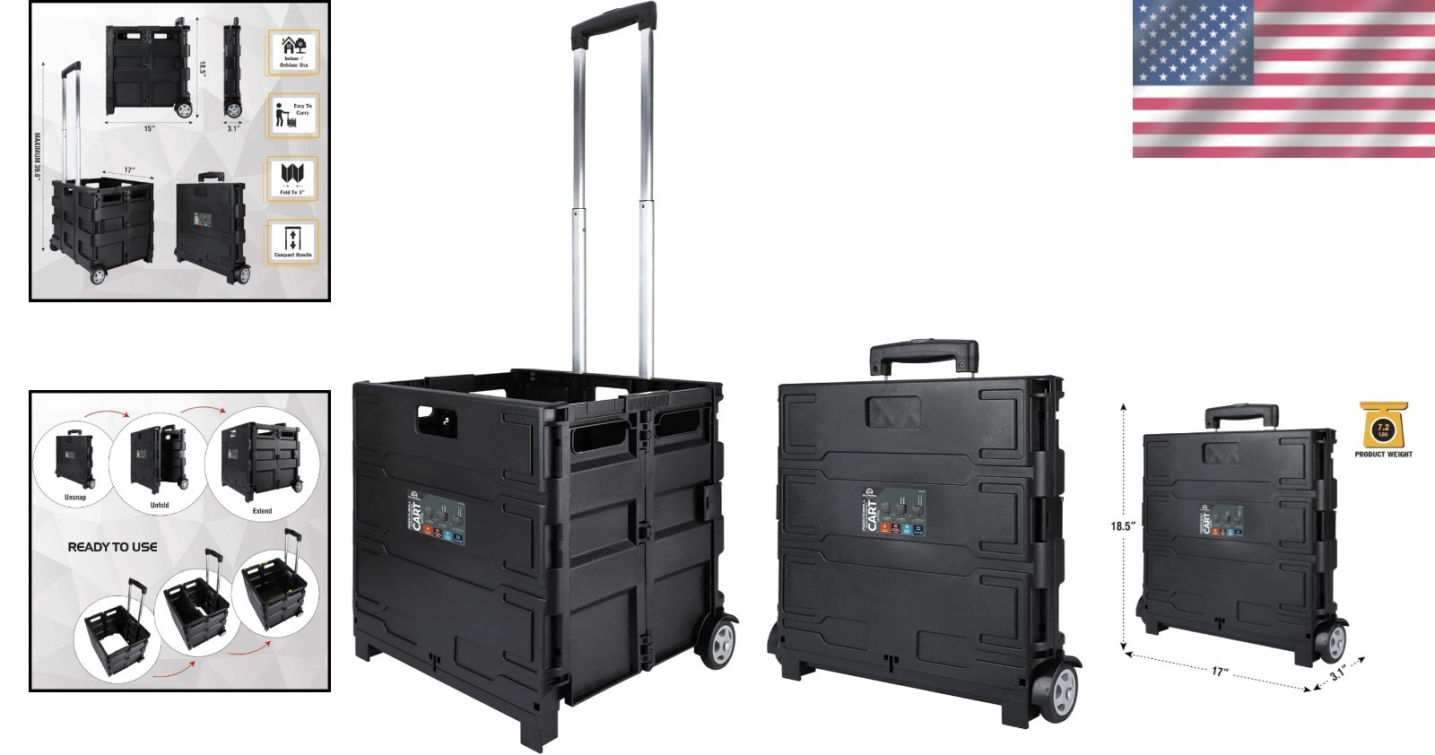 Collapsible 85-010 Grand Pack-N-Roll Utility Cart with Telescopic Handle – Black