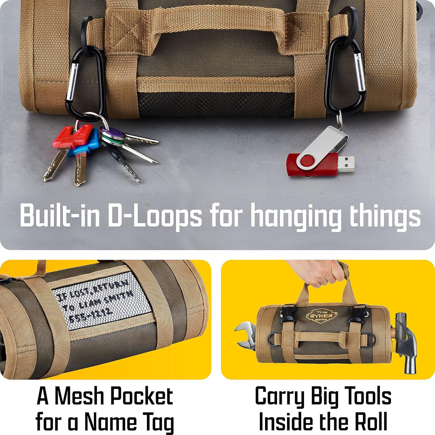 Heavy Duty Roll Up Tool Bag, Mechanic Tool Organizer With 2 Detachable Pouches