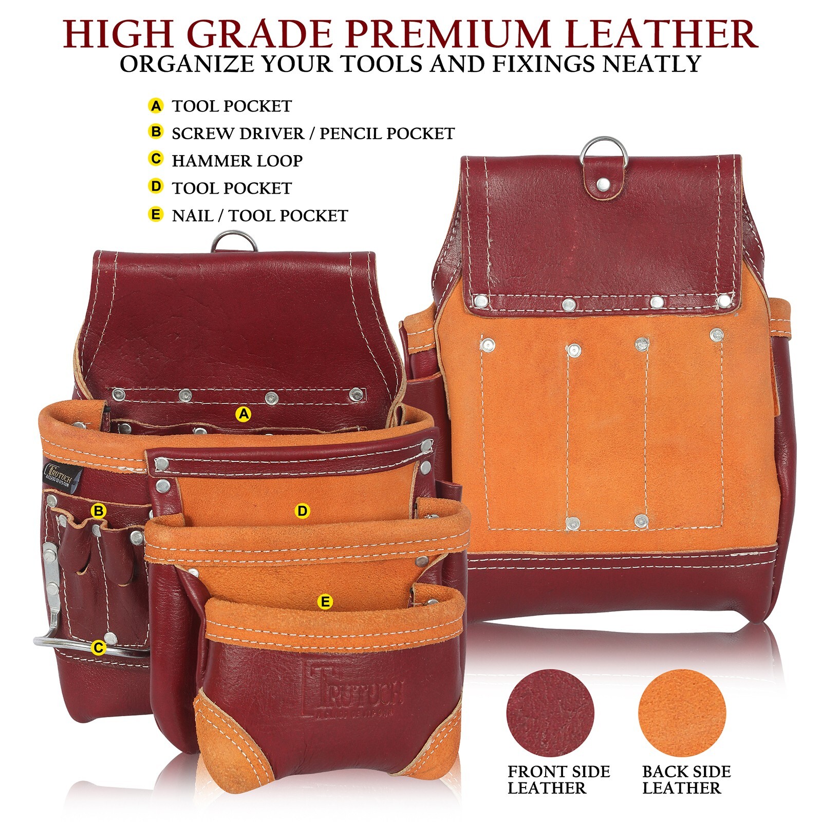 Trutuch Maroon Leather Tool Belt with Suspender | 18 Pockets | Framers Tool Belt