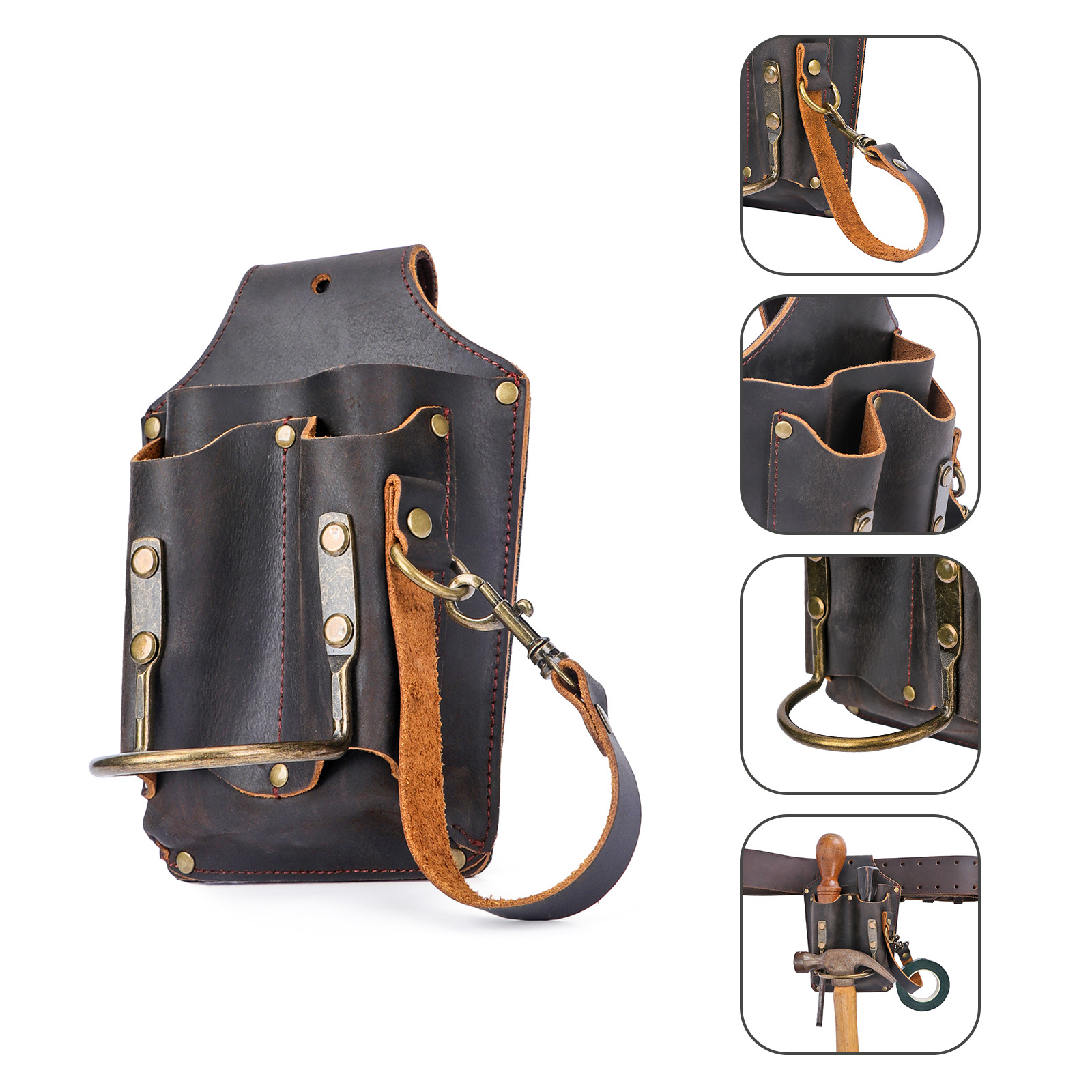 TOURBON Leather Electrician DIY Tool Holder Tunnel Hammer Belt Pouch 5-in-1 Case