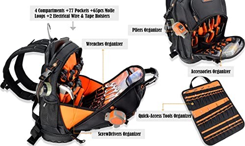 77-Pockets Electricians Tool Backpack, Tool Backpack For Men, HVAC Tools Bag Bac
