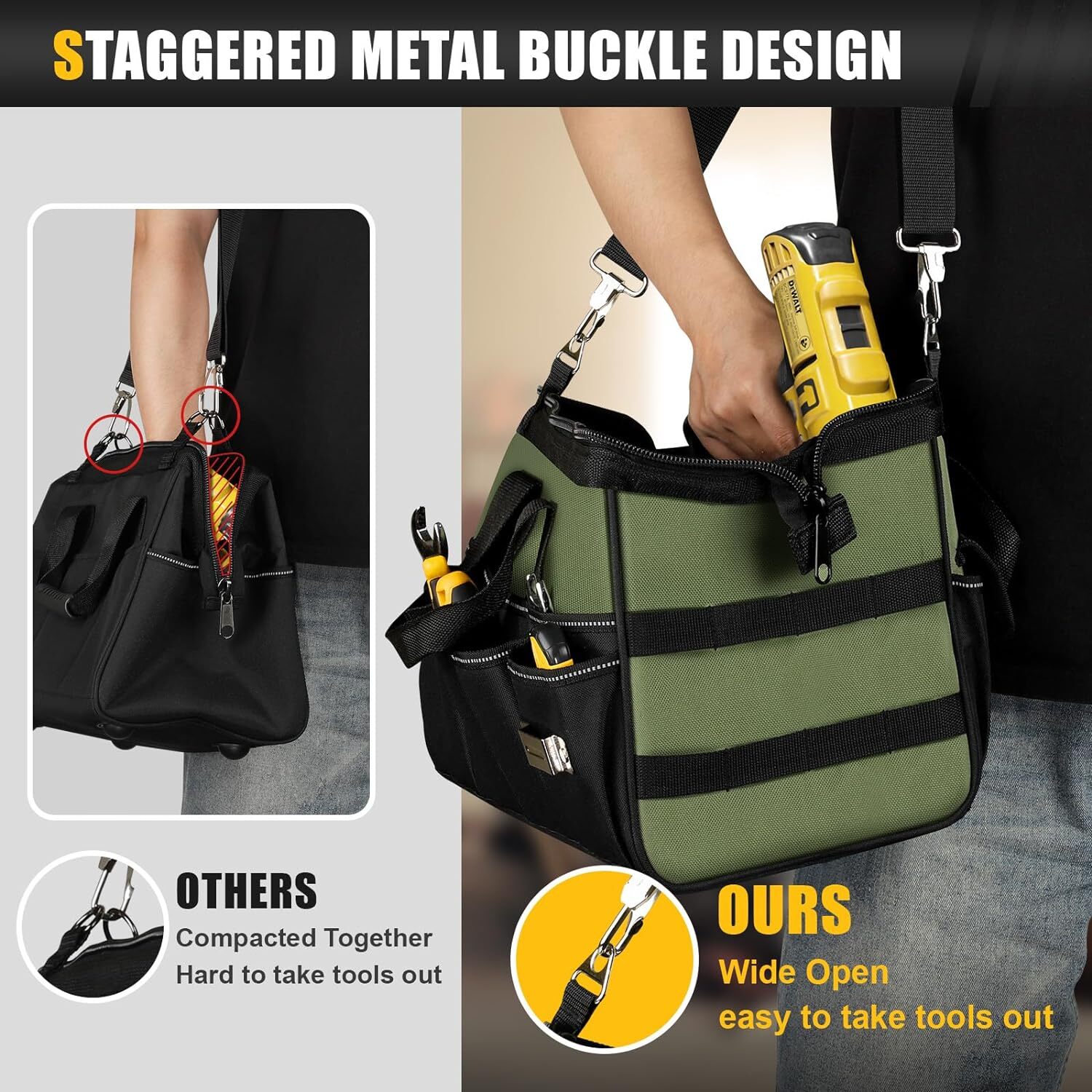 Heavy Duty Tool Bag 15-Inch, 16-Pocket Portable 15.5 Inch, Black&Green