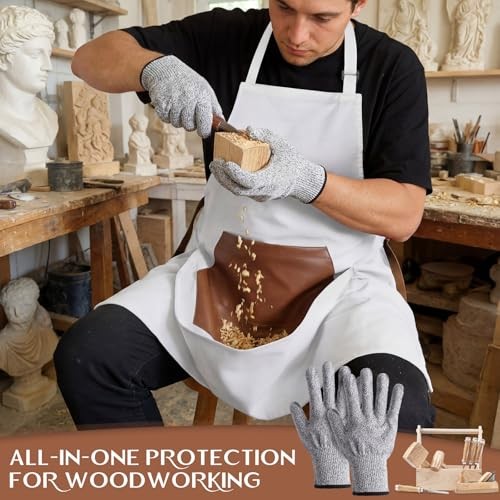 Wood Carving Apron with Cut Resistant Gloves, Heavy Duty Canvas Woodworking