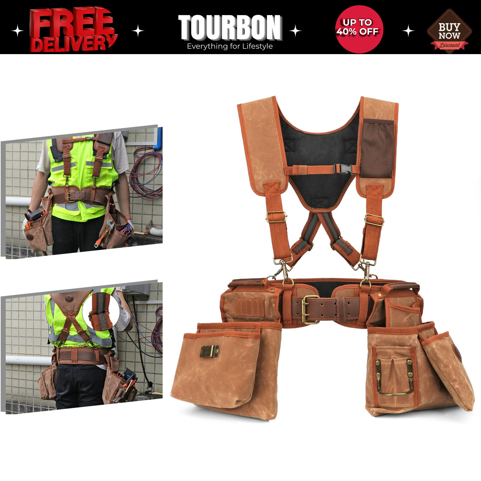 TOURBON Electrician/Carpenter/Framer/Builder Tools Bag Suspender Rig Beltbag USA