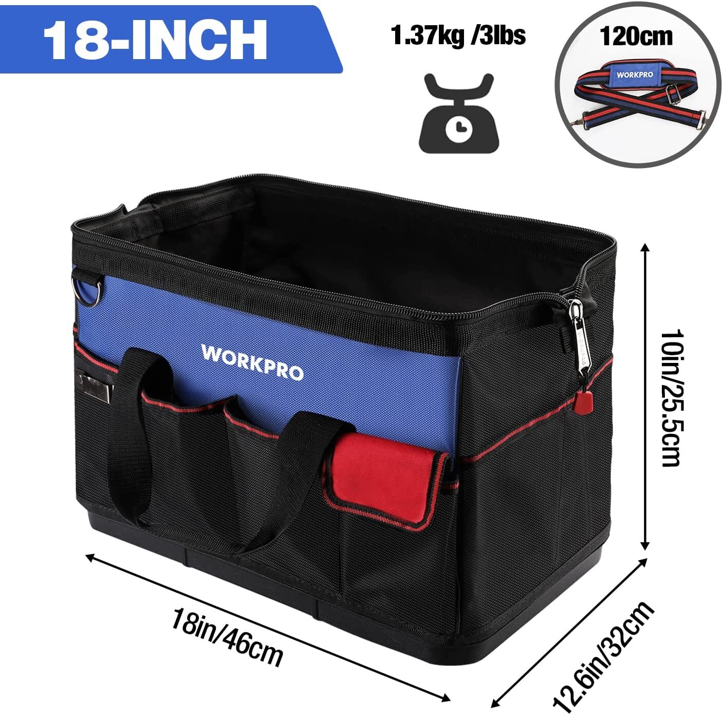 WORKPRO 18″Tool Bag Tool Tote Waterproof with Base and Adjustable Shoulder Strap