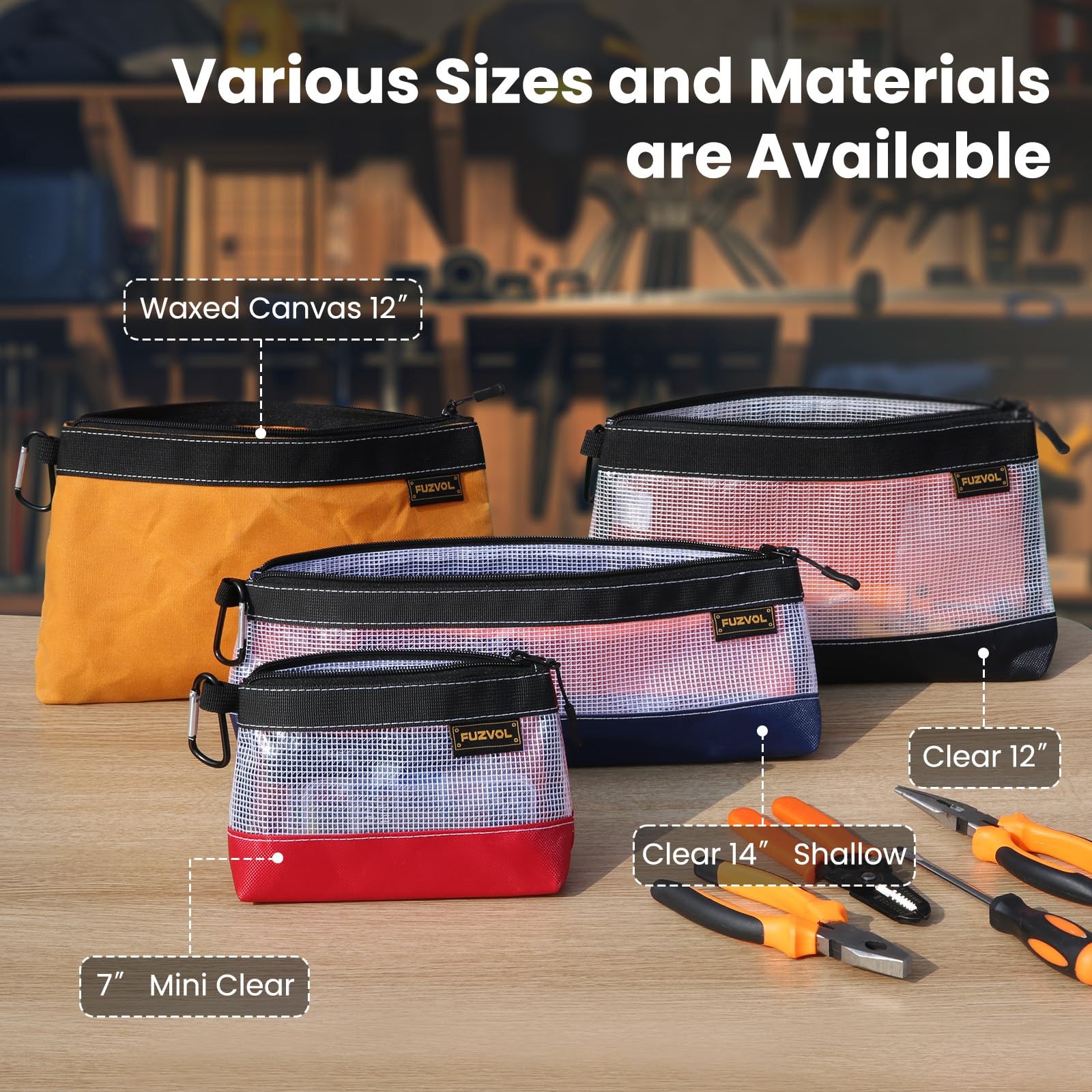 3 Pack 12-Inch Clear Tool Pouch Heavy Duty Small Tool Bag for Organizers