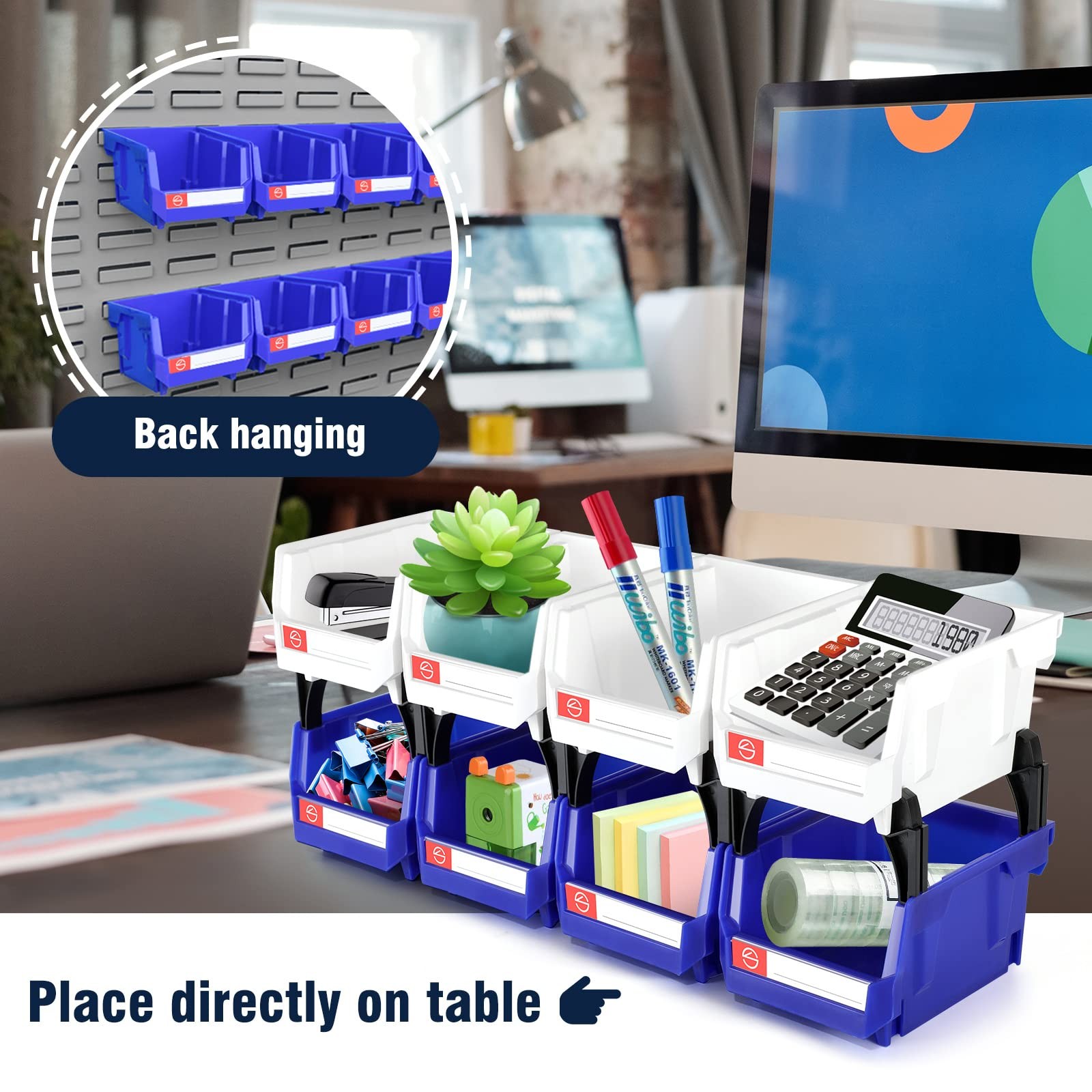 6 PCS Wall Mount Storage Organizer Bins Stackable Shop Tool Rack Screws Blue