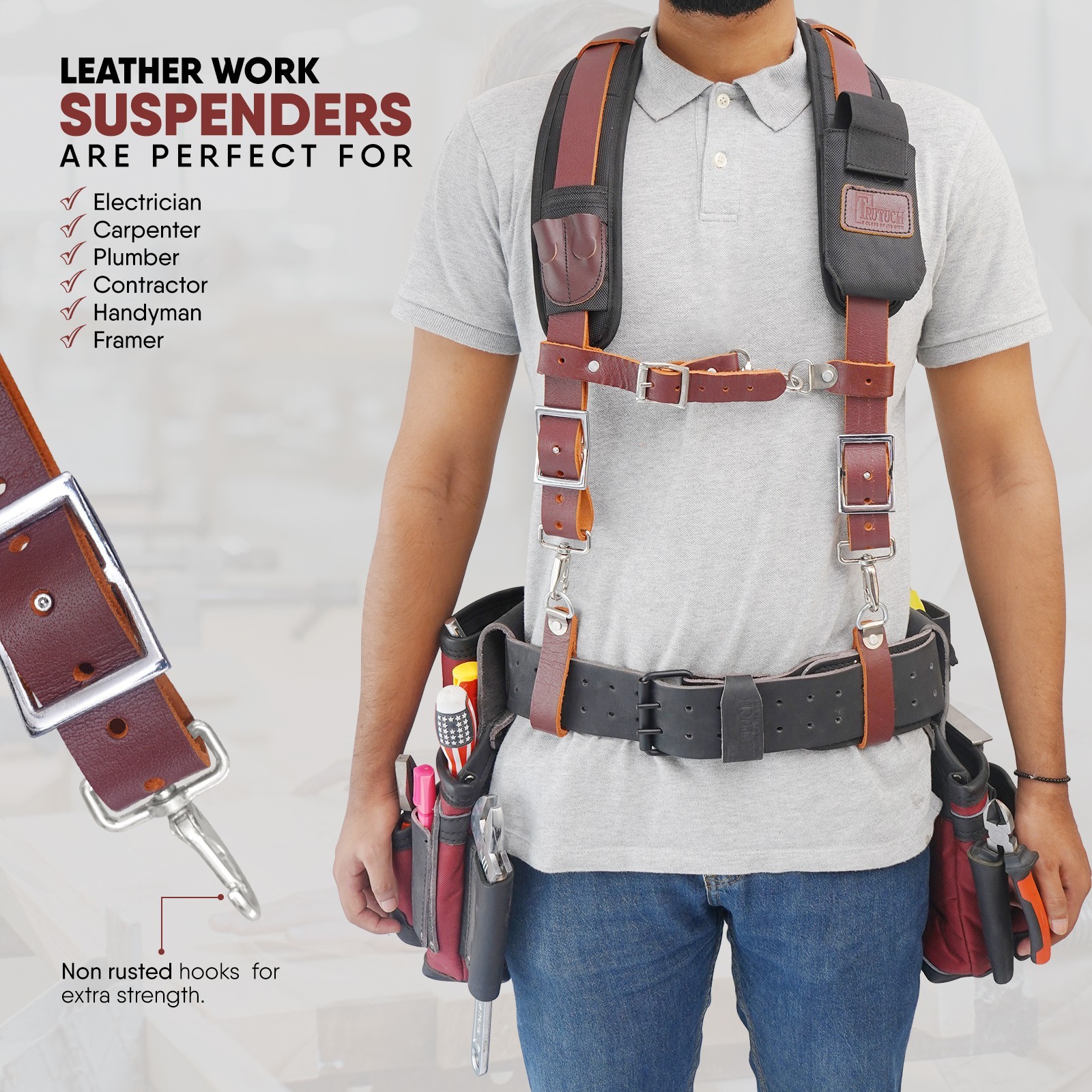 Maroon Leather Work Suspender for Cell Phone Pocket | Tool Belt Suspenders