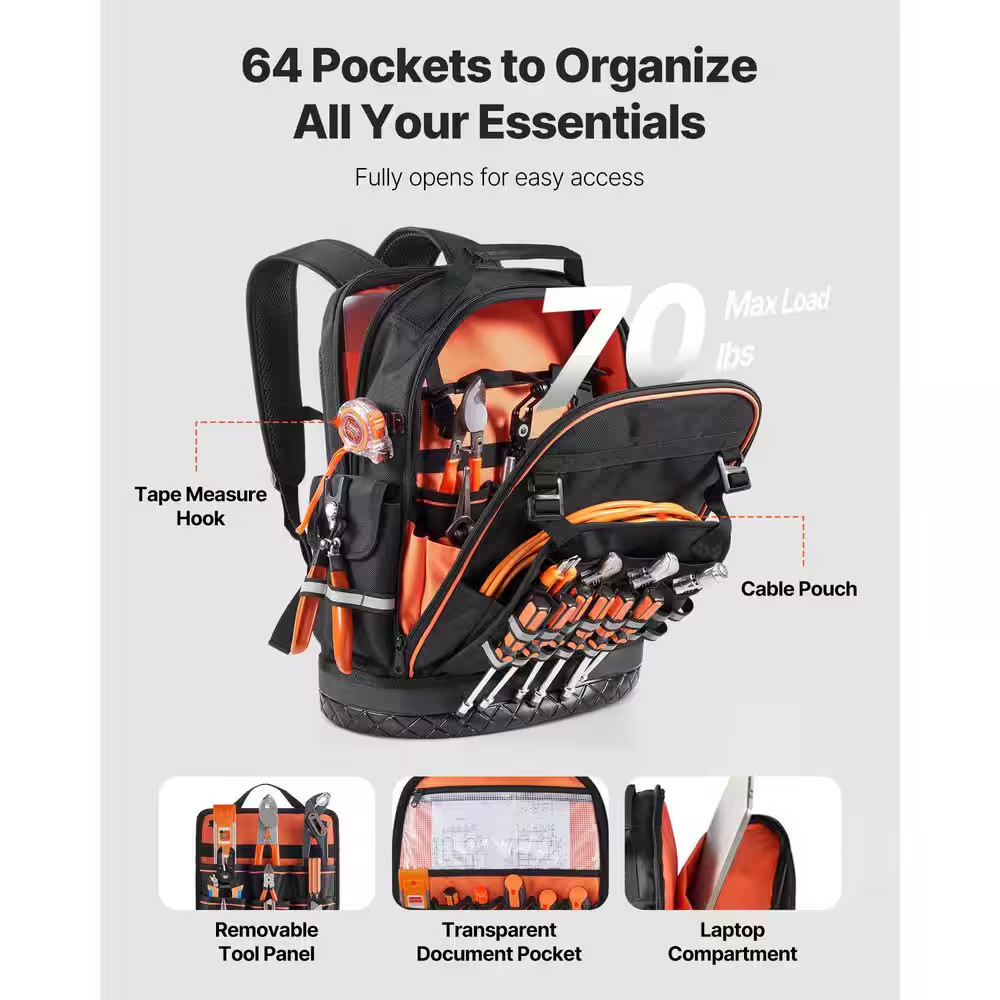 Tool Backpack, 64 Pockets, Heavy-Duty Tools Storage Organizer Work Bags with Lap