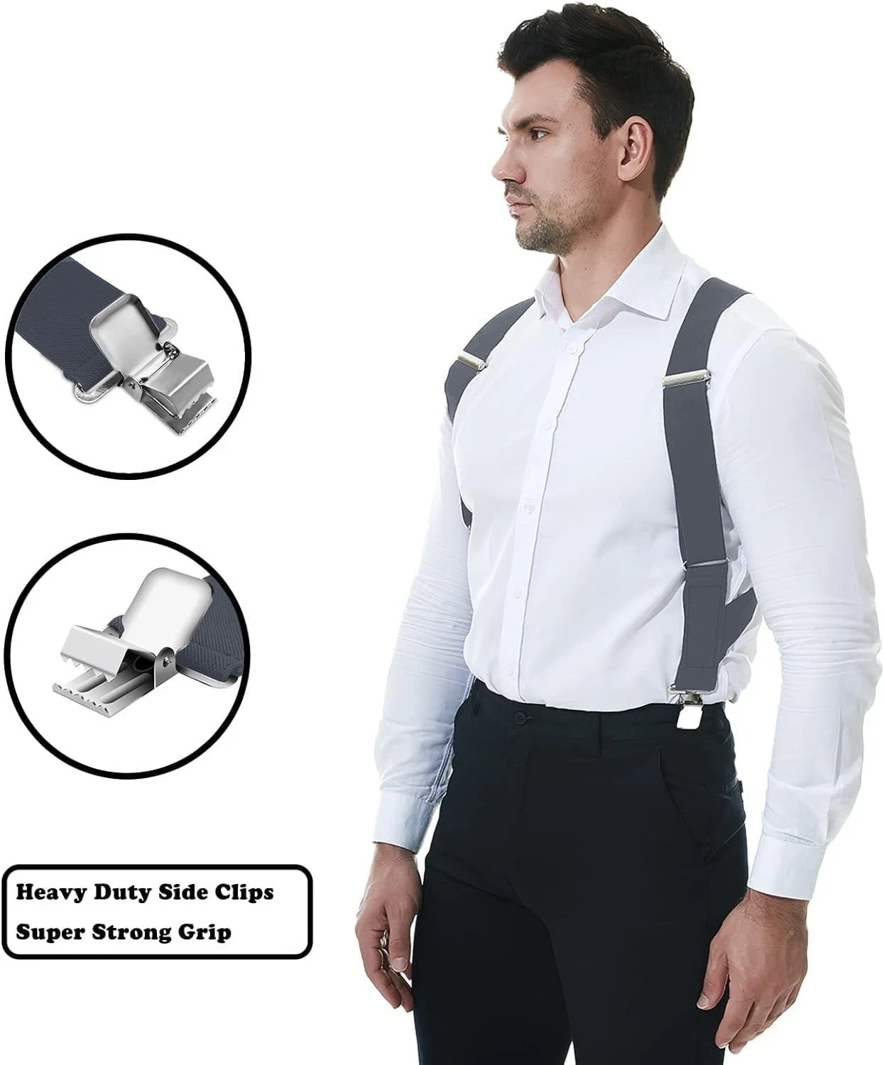 Side Clips Suspenders for Men Heavy Duty 2″ Trucker One Size, 🔔2/Grey