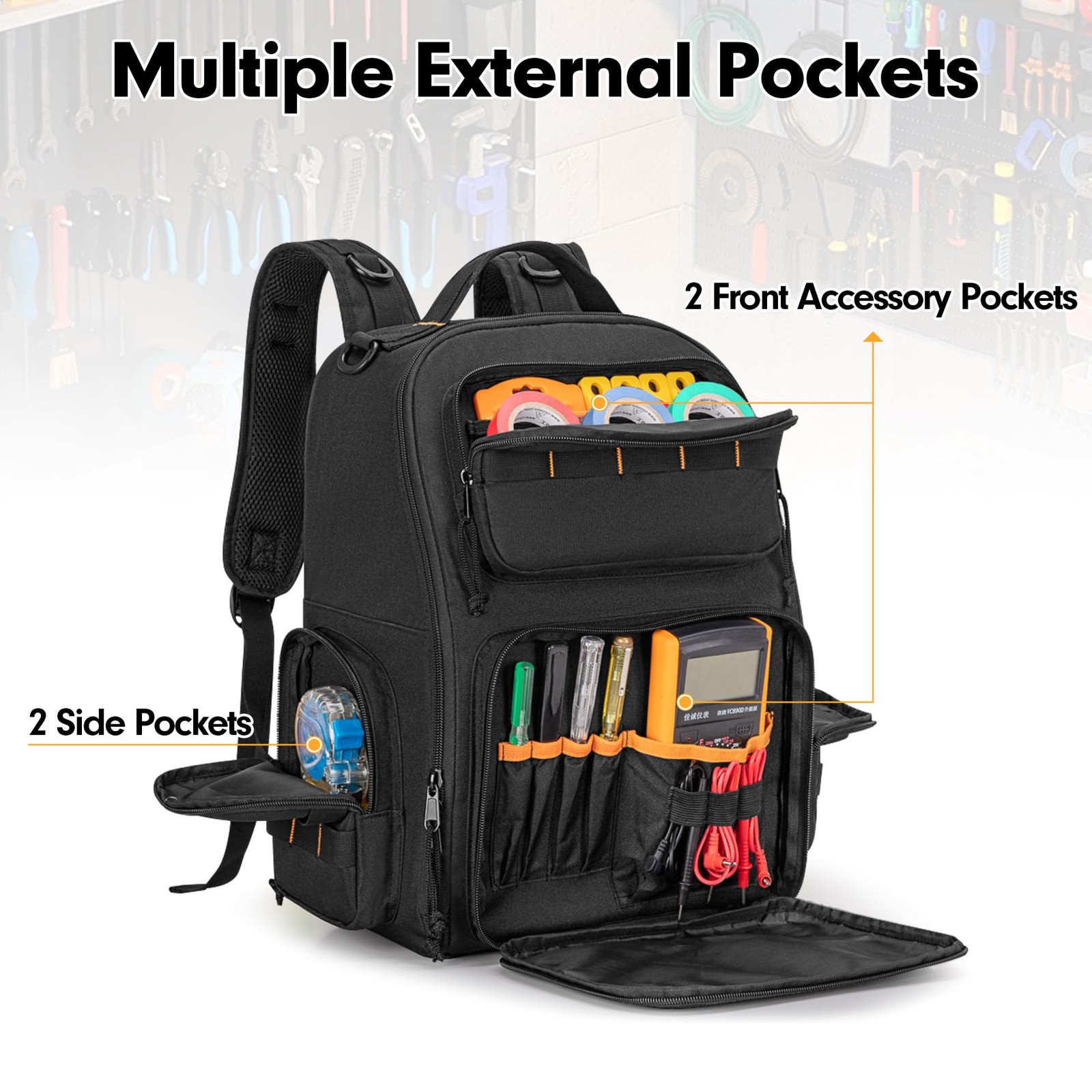 Organizer Bag Tool Backpack 3 Tool Pouches Tactical Storage Heavy Duty PVC Black