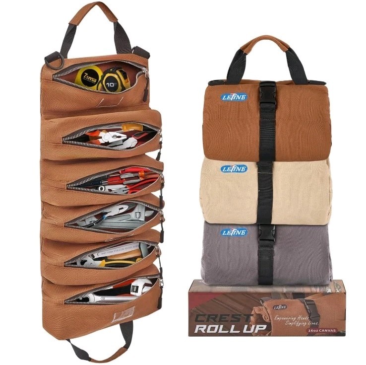 Crest Canvas Tool Bag – Large Capacity Portable Roll up Bag Tan/Brown