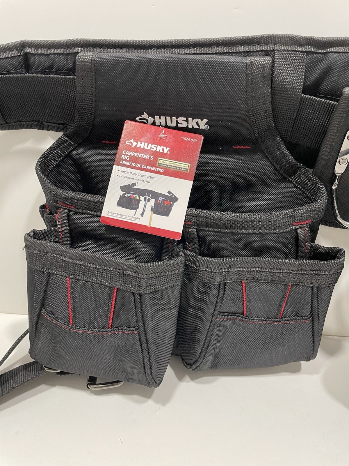 Husky Tool Belt Adjustable Carpenter Pouch Rig Black Polyester 52in Work Waist