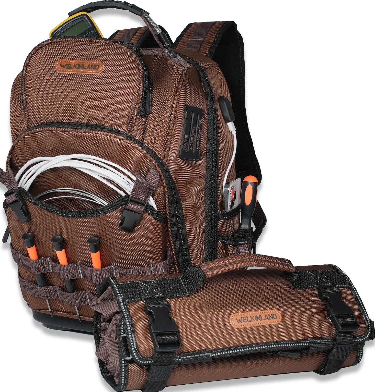WELKINLAND 70Pockets HVAC Tool Backpack With Tool Roll, 4-Piece Electrical Ba…