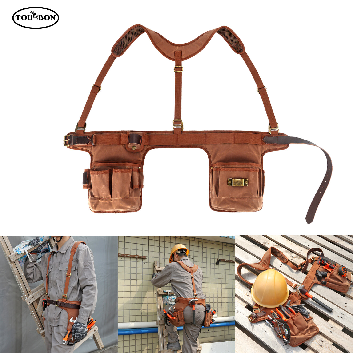 TOURBON Heavy Duty Work Tool Belt Suspenders Pouch Electricians Carpenter Strap