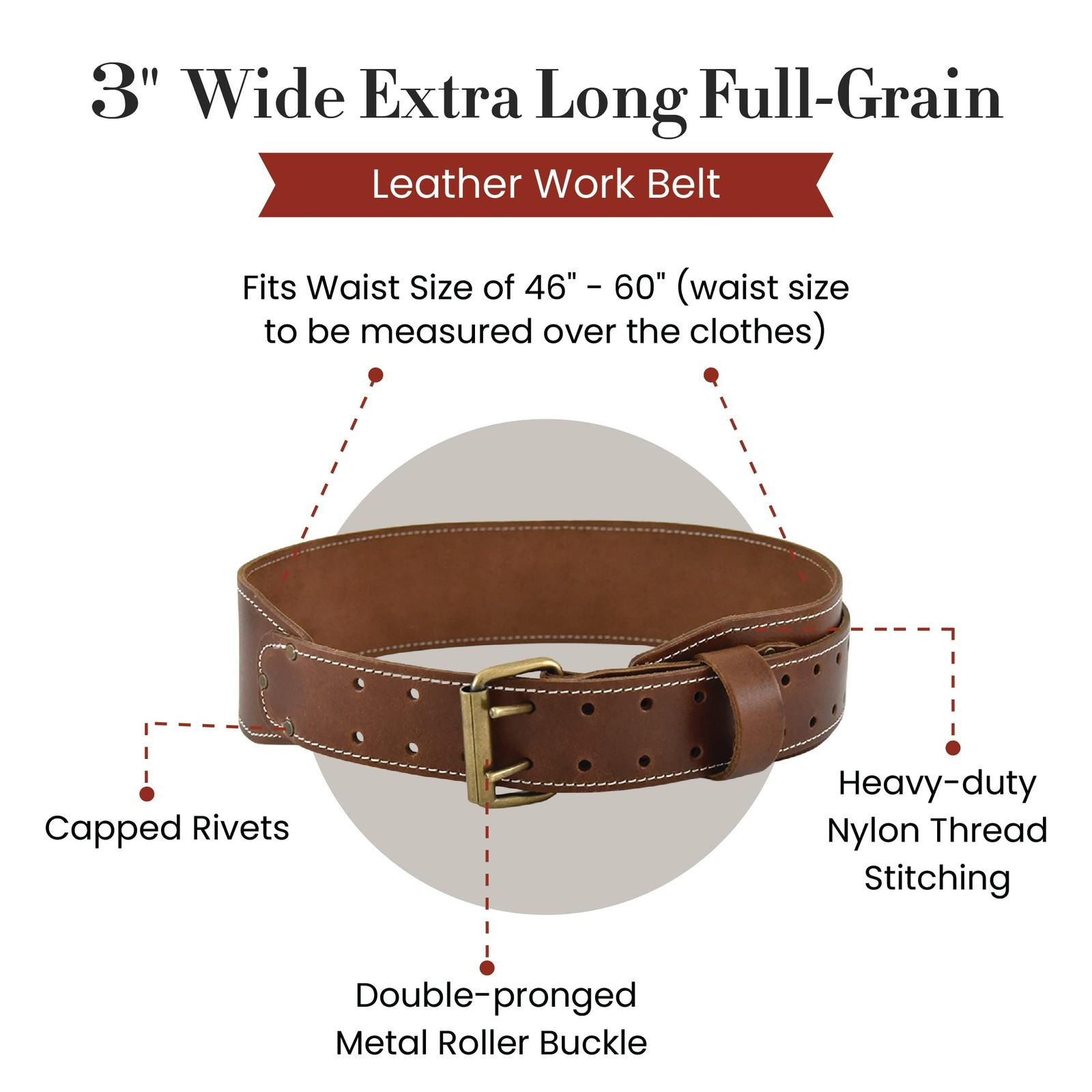 3 Inch Wide Extra Long FullGrain Leather Work Belt Durable Dark Tan 98439