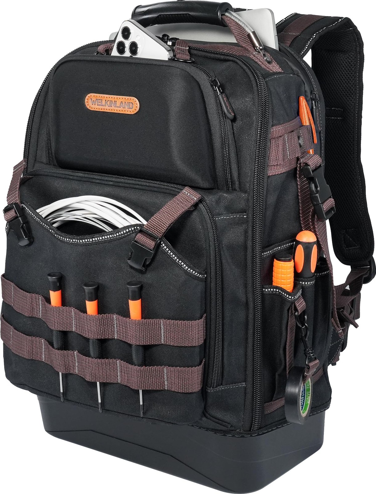 WELKINLAND 76Pockets Tool Backpack, Hard-Bottom Electrician Brown & Black