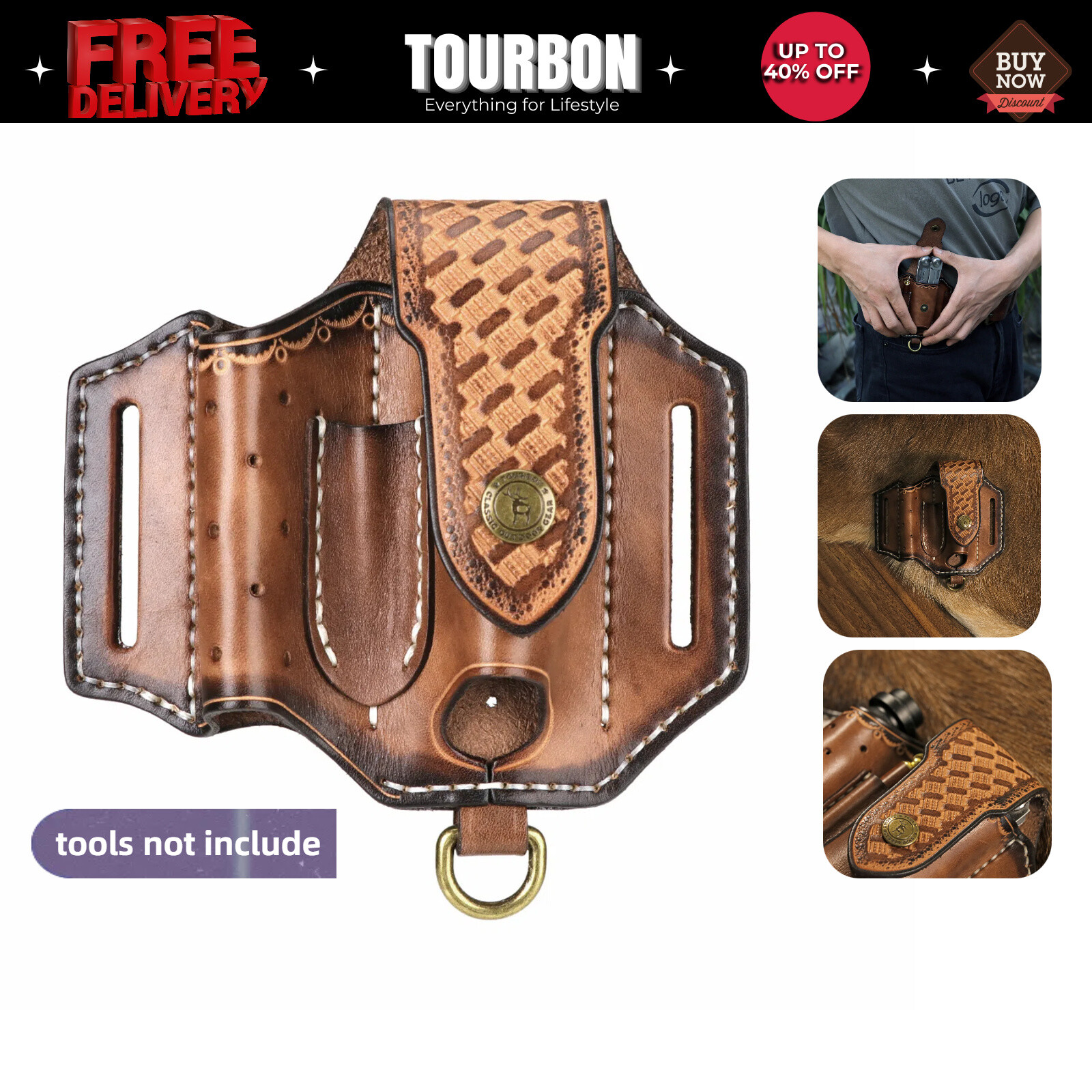 TOURBON Leather Knife Sheath EDC Plier Belt Holder Pouch Flashlight Tool Holster