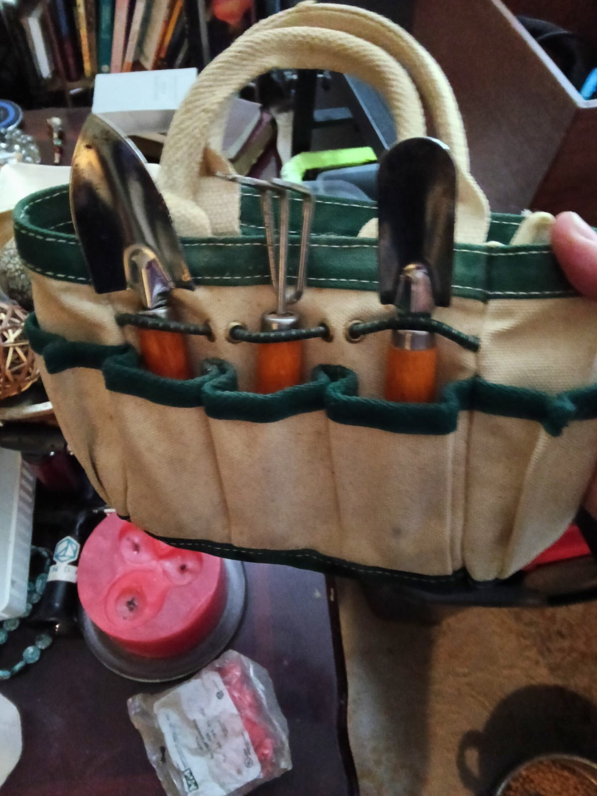 Canvas Tool Bag Tote with Handles & Exterior Pockets, Beige/Green, 1 Item