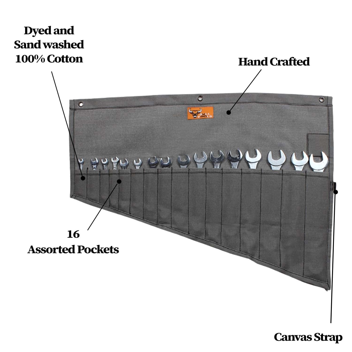 Wrench Roll, 16 Pocket Roll Up Organizer, Grey Heavy Duty Canvas Pouch