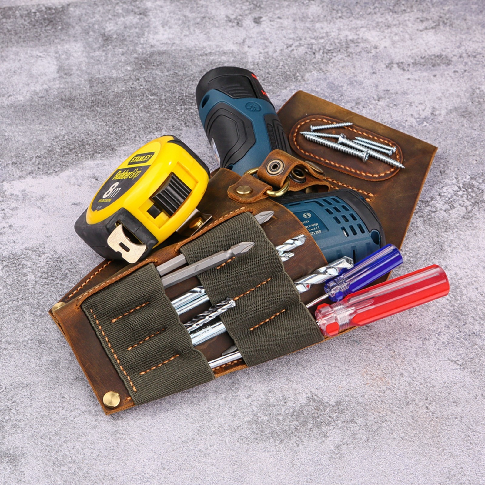 Leather cordless compact drill holder for tool belt, real leather drill holster