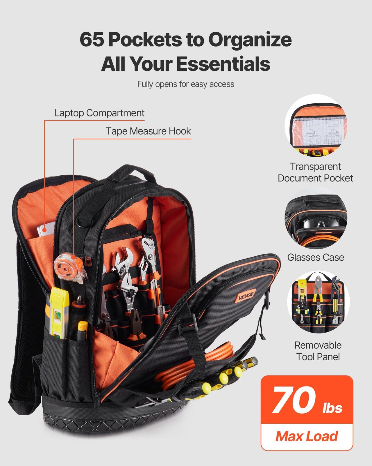 65-Pocket Worksite Tool Backpack, Heavy-Duty Carry, Tear-Resistant Material