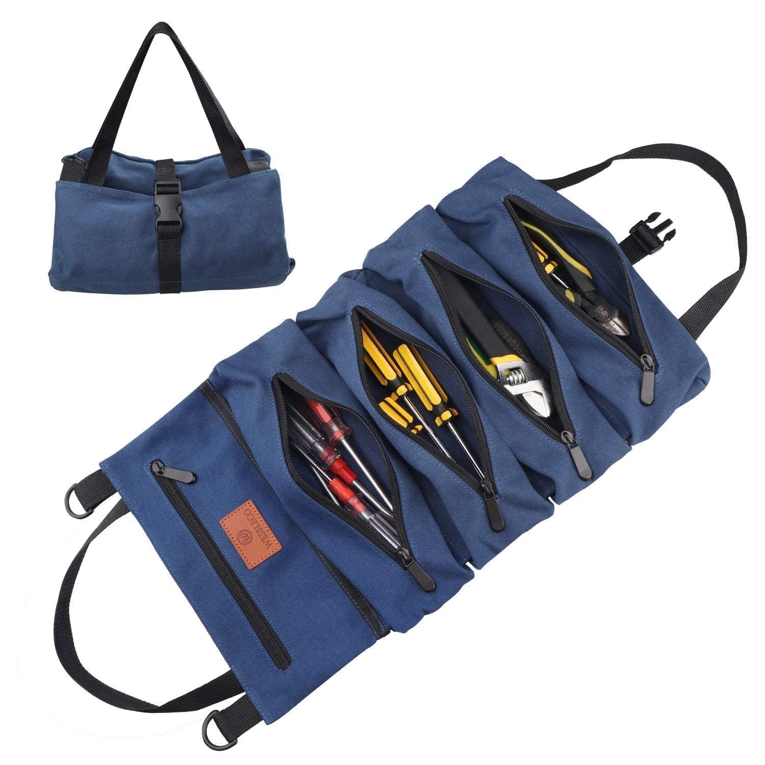 Wessleco Roll Up Tool Bag, 16OZ Canvas Wrench 5 Zipper Pockets, Blue