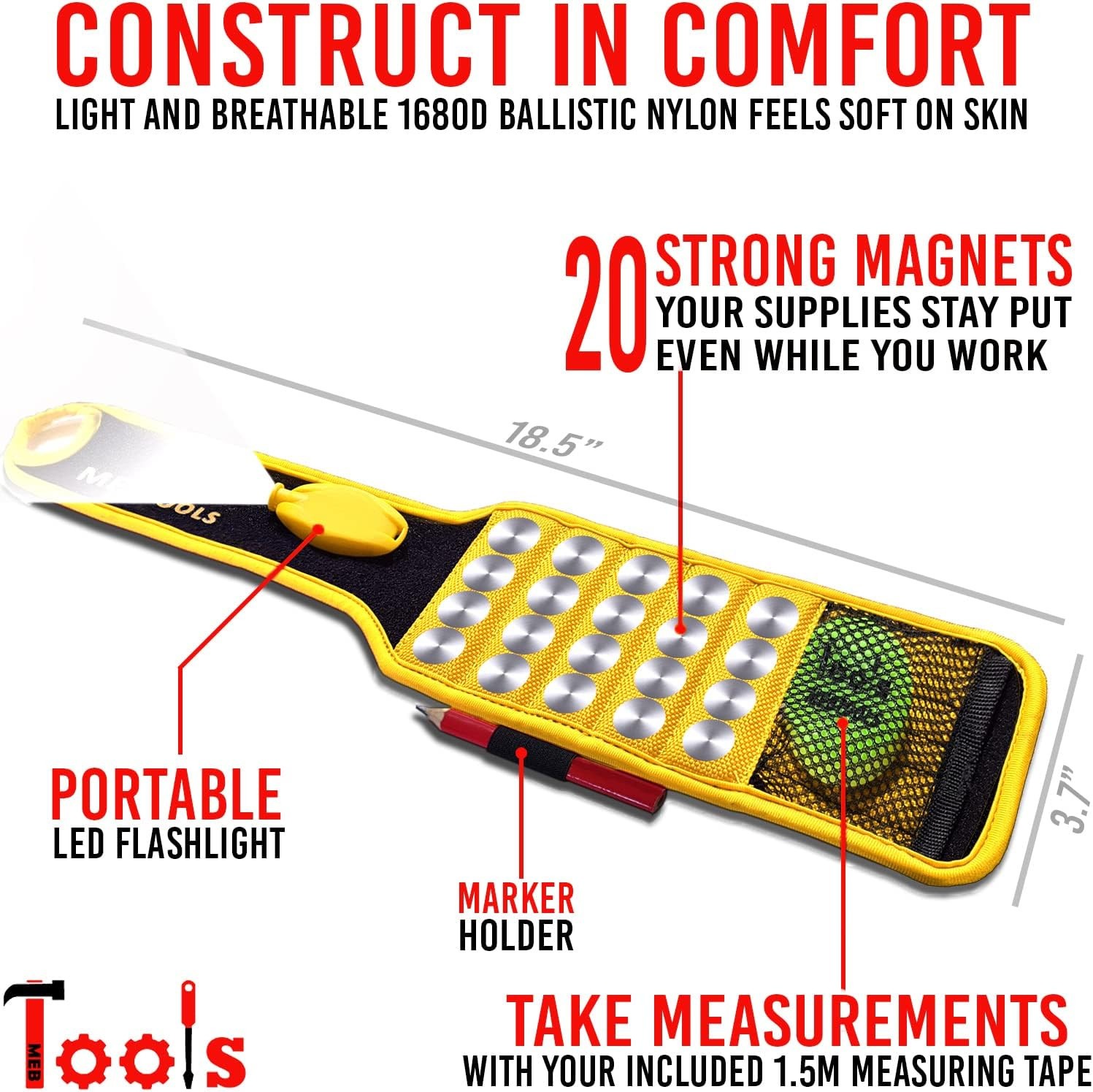 Magnetic Wristband with Flashlight and Tape Measure – Screw, Drill Bit, and Nail