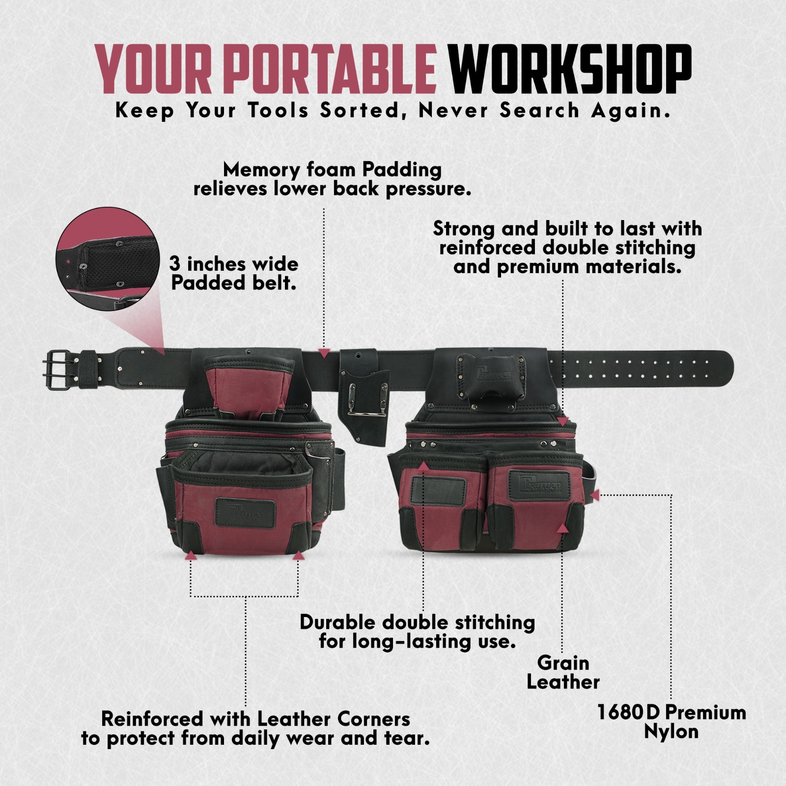 TRUTUCH Nylon and Leather Tool Belt | 1680 D Nylon Tool Pouch | Framing Tool Bag