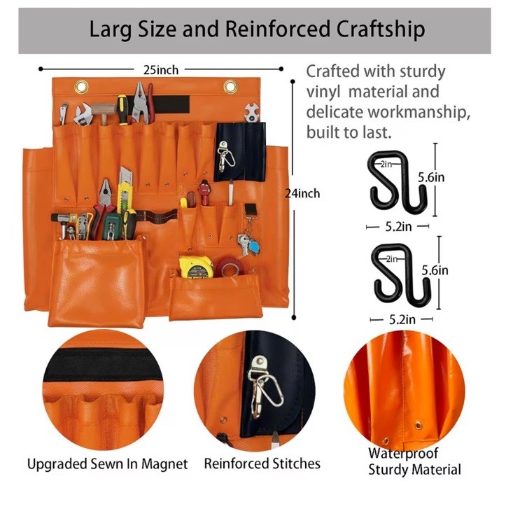 Lineman Tool Aerial Apron 16-Pocket Orange Magnet Organizer 2″ Bucket Hooks